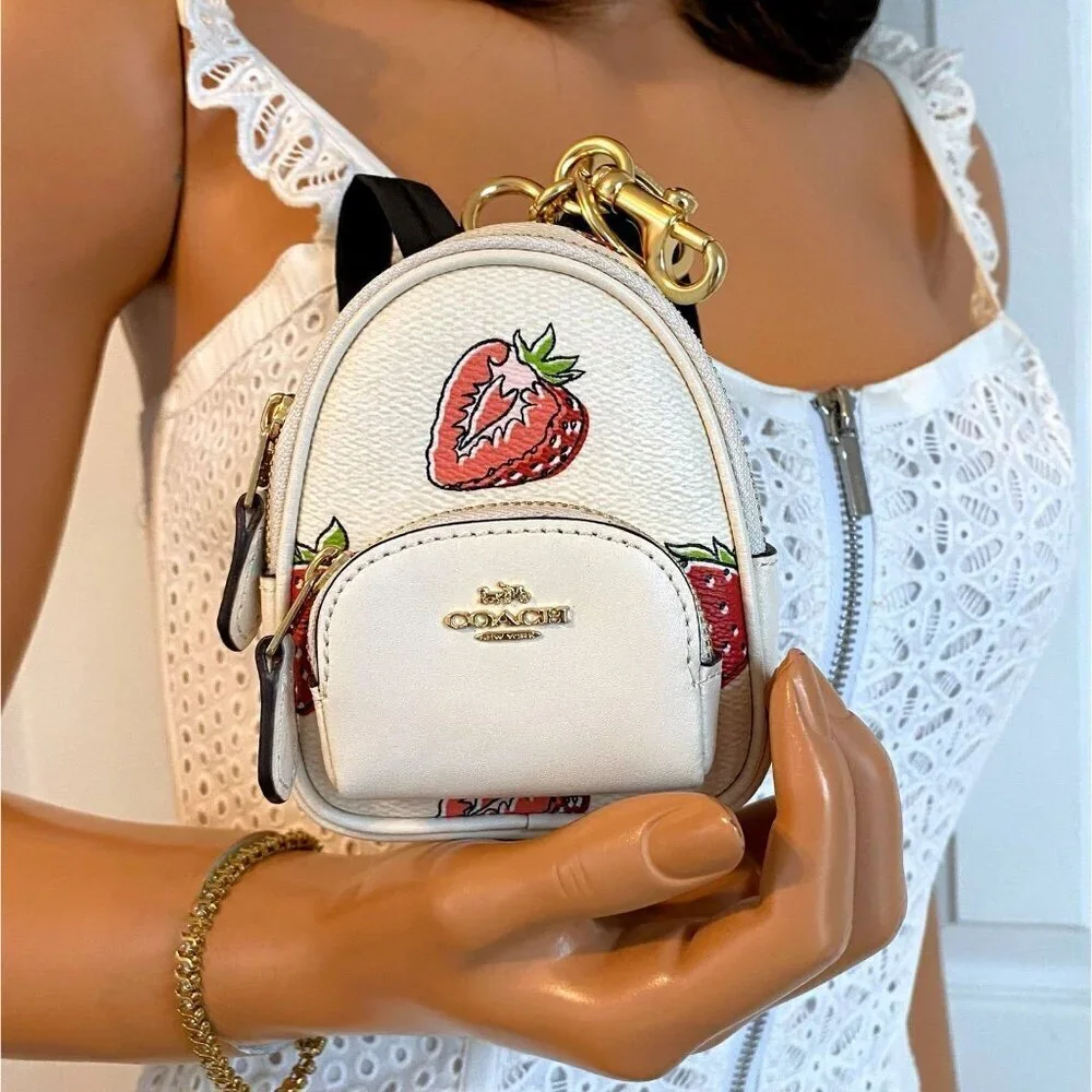 Coach Strawberry Print Mini Backpack Bag Keychain Coin Purse Charm NWT